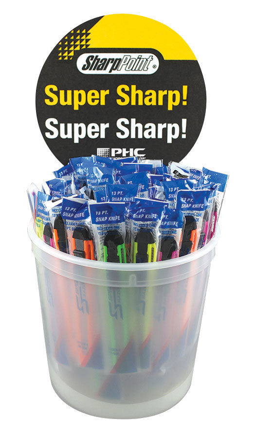 COUNTER TOP DISPLAY BUCKET C/W 75 ASSORTED SNAP OFF KNIVES
