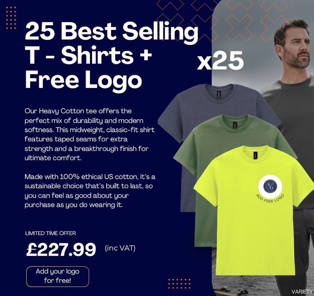 Promotional graphic for 25 best-selling t-shirts with a free logo offer, featuring text and images of t-shirts.