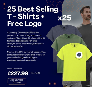 Promotional graphic for 25 best-selling t-shirts with a free logo offer, featuring text and images of t-shirts.